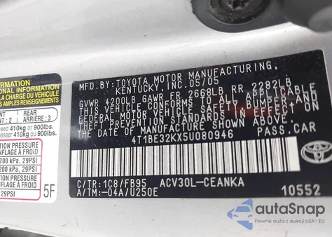 2005 Toyota Camry Le из США, поврежденный, VIN 4T1BE32KX5U080946